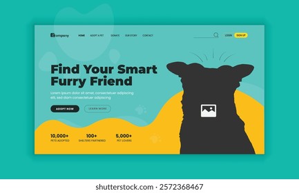 Pet adopt website homepage hero section design template and Pet healthcare grooming, food shop, website landing page user interface design