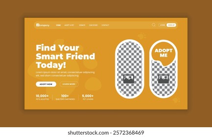 Pet adopt website homepage hero section design template and Pet healthcare grooming, food shop, website landing page user interface design