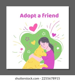 Afiche publicitario de adopción de mascotas, mujer abrazando perro - ilustración plana de vector dibujada a mano. Adoptar una inscripción de mascotas, una plantilla de banner para refugio animal.