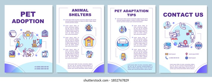 Pet adoption brochure template. Animal shelters. Pet adaptation tips. Flyer, booklet, leaflet print, cover design with linear icons. Vector layouts for magazines, annual reports, advertising posters