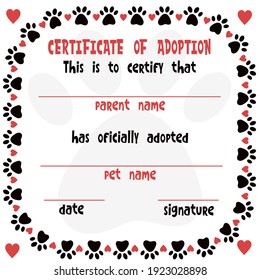 Pet Adoption Certificate Vector Template Design. Cat Or Dog Paw Border Frame With Hearts. Printable Page For Pet Shelter, Pet Shops, Vets.