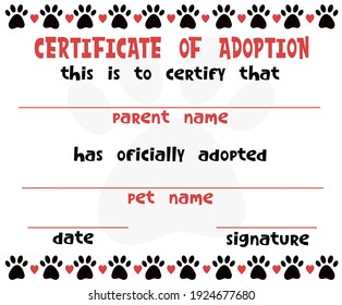 Pet adoption certificate vector template design. Cat or dog paw border frame with hearts. Printable page for pet shelter, pet shops, vets.