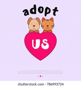 Pet adoption concept: funny cat and dog with heart in linear style. Modern vector illustration.