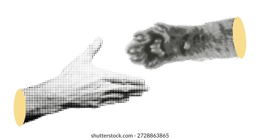 Pet adoption concept, halftone style. Human hand with cat paw, animal interaction with owner close-up. animal care and friendship with animals. Warm emotional moment of showing trust and affection. high contrast shading, retro print. Vector