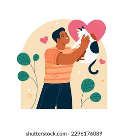 Pet Adoption concept. Vector cartoon illustration in a trendy flat style of a young happy man holding a cat. Isolated on the background with hearts and plants