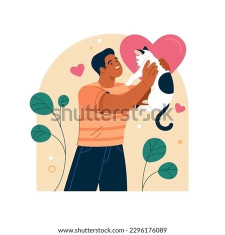 Pet Adoption concept. Vector cartoon illustration in a trendy flat style of a young happy man holding a cat. Isolated on the background with hearts and plants