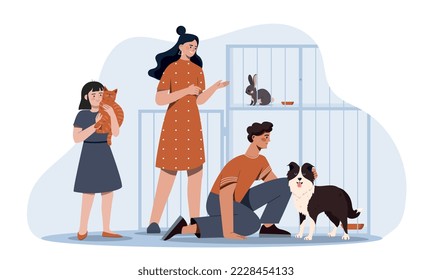 Pet adoption concept. Woman with her daughter and son came to choose animal, dog, cat or rabbit. Charity, help, care and support. Poster or banner for website. Cartoon flat vector illustration