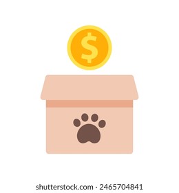 Pet adoption donation box icon. Shelter, helping homeless animal, charity, financial support concepts. Suitable for poster, flyer. Flat vector design isolated illustration.