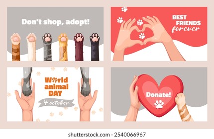 Adoção e doação de animais de estimação, organização de caridade voluntária de bem-estar animal desenho animado banner set. Cartaz engraçado sobre amor entre homem e animal, mãos de desenho animado segurando patas de gato ilustração vetor