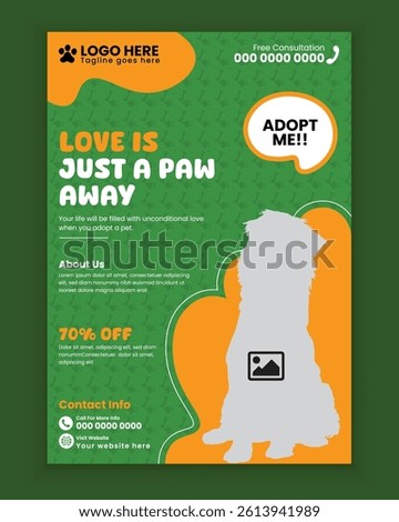 Pet adoption Events poster design, or Pet care, grooming, spa training center, A4 size flyer design template