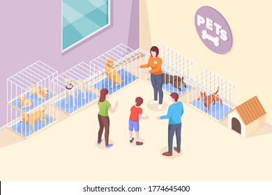 Pet adoption, family chooses dog from shelter, vector isometric illustration. Family mother and father with son at animal shelter to adopt dog puppy, pets adopting take home, rescue and help concept