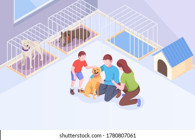 Pet adoption, family plays with dog at animal shelter, vector isometric illustration. Family mother and father with son cuddle and hug happy dog, pet adopting take home, rescue and help concept