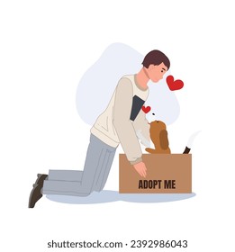  Pet Adoption and Fostering concept. Caring Person Rescues a Homeless Puppy, New Family Member.