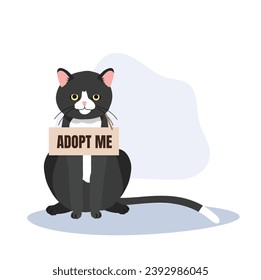 pet adoption and fostering concept. Homeless Furry Friend with Adoptable Collar. Balck Cat with 'Adopt Me' Collar