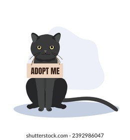 pet adoption and fostering concept. Homeless Furry Friend with Adoptable Collar. Balck Cat with 'Adopt Me' Collar