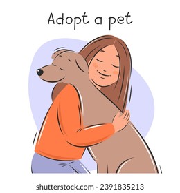Pet adoption. Girl petting dog. Domestic animals and owners. Friendship with animals. Vector illustration

