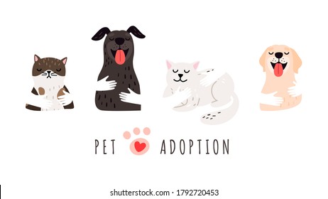 Pet Adoption. Hands Holding Dogs Cats, Shelter Banner. Isolated Cute Animals, Adopt Vector Background