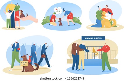 Pet adoption, homeless animals shelter, people adopt dog flat vector illustrations set. Happy domestic animals owners characters pack. Kids playing with home pets. Family looking for adopting friend.