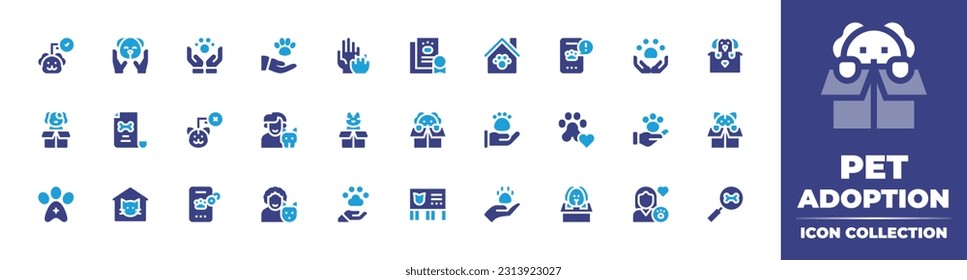 Pet adoption icon collection. Duotone color. Vector illustration. Containing adopted, pet, care, share, adoption, house, emergency, dog, contract, not adopted, puppy, pet insurance, kitty.