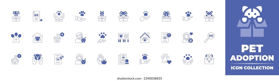 Pet adoption icon collection. Duotone style line stroke and bold. Vector illustration. Containing adopted, contract, pet care, share, puppy, adoption, pet insurance, kitty, veterinary, pet, and more.