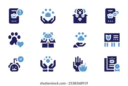 Pet adoption icon set. Bold style. Duotone colors. adopted, pet care, emergency, kitty, pet.