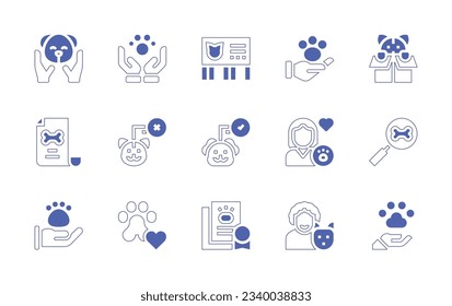 Pet adoption icon set. Duotone style line stroke and bold. Vector illustration. Containing pet, pet care, advertisement, pet insurance, kitty, contract, not adopted, adopted, owner, adoption, animal.