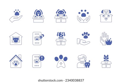 Pet adoption icon set. Duotone style line stroke and bold. Vector illustration. Containing pet care, adoption, puppy, pet, dog, donation, adopted, share, pet house, emergency, veterinary.