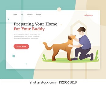 Pet adoption landing page concept. Landing page template of Pet care. Modern flat design concept of web page design for pet website. Vector illustration of A man adopted a pet. Young man with his dog