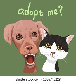 Pet adoption poster.Dog and cat are surprised that someone wants to adopt him. eps 10