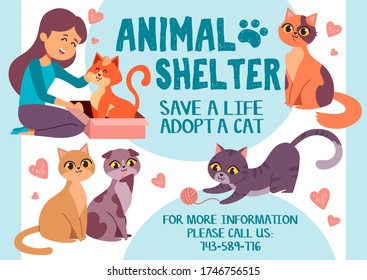 Pet adoption poster with colourful animals vector illustration. Animal shelter flat style. Girl stroking red cat. Heart decor. Save life adopt cat concept. Isolated on blue background