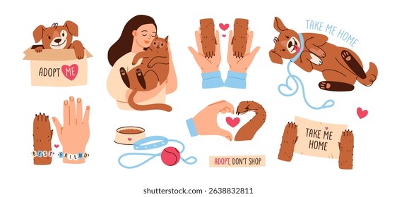 Pet adoption and rescue. Animal shelter. Adopt a friend vector sticker set. Cute animal adoption illustration with playful characters.