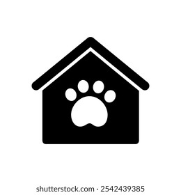 Pet adoption shelter glyph icon. Home with paw print. Helping homeless animal, charity, care, veterinary concepts. Flat vector design isolated illustration.