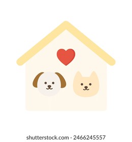 Pet adoption shelter icon. Home with dog and cat. Helping homeless animal, charity, care, veterinary concepts. Suitable for poster, flyer. Flat vector design isolated illustration.