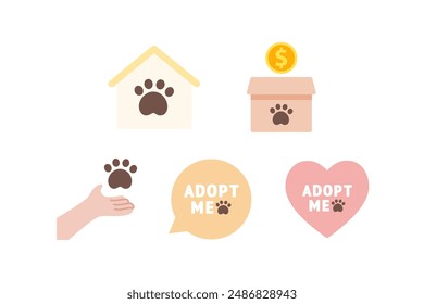 Pet adoption shelter set icon. Helping homeless animal, charity, care, donation, support, veterinary concepts. Suitable for poster, flyer. Flat vector design isolated illustration on white background.