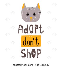 Pet adoption - Vector illustration of cat's face and hand drawn inscription - Adopt don"t shop