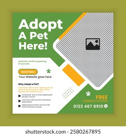 Pet adoption and wellness grooming Social Media Post design Or pet business web, online post Square banner template