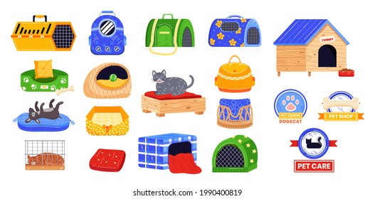 Cuidado animal de mascotas, aislado en conjunto blanco, ilustración vectorial. Hogar, juguete, equipamientos de bolsas para el gato doméstico, recogida de perros. Tienda de veterinaria