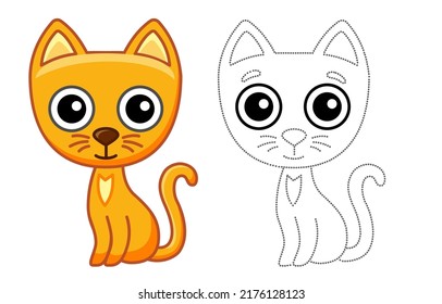 Animales de mascotas para niños coloreando el libro. Ilustración vectorial del gato gracioso en un estilo de caricatura. Rastrear los puntos y colorear la imagen