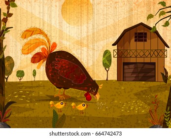 Pet animal Hen with chicks on nature background in vector