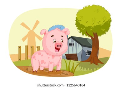 Pet animal Pig on farm nature background in vector