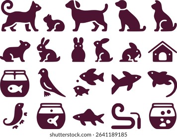 Pet Animal Silhouettes Icon Set  Cats Dogs Fish  Small Animals Vector