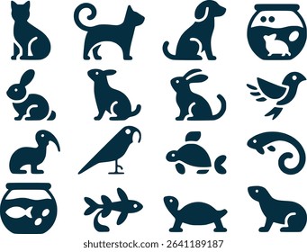 Pet Animal Silhouettes Icon Set  Cats Dogs Fish  Small Animals Vector