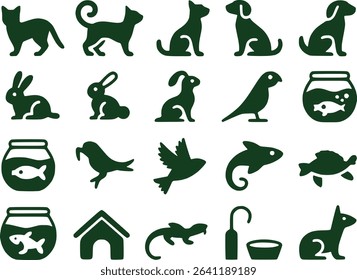 Pet Animal Silhouettes Icon Set  Cats Dogs Fish  Small Animals Vector