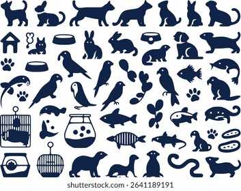 Pet Animal Silhouettes Icon Set  Cats Dogs Fish  Small Animals Vector