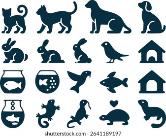 Pet Animal Silhouettes Icon Set  Cats Dogs Fish  Small Animals Vector