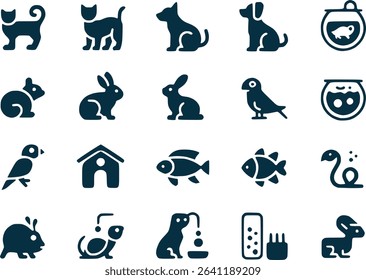 Pet Animal Silhouettes Icon Set  Cats Dogs Fish  Small Animals Vector