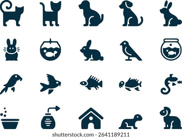 Pet Animal Silhouettes Icon Set  Cats Dogs Fish  Small Animals Vector