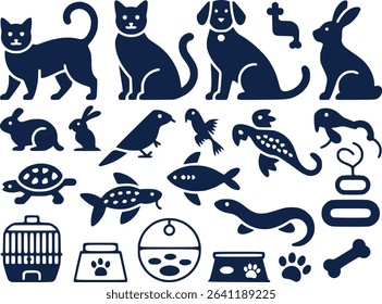 Pet Animal Silhouettes Icon Set  Cats Dogs Fish  Small Animals Vector