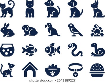 Pet Animal Silhouettes Icon Set  Cats Dogs Fish  Small Animals Vector