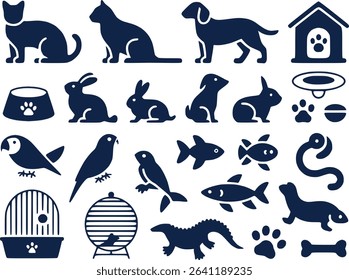 Pet Animal Silhouettes Icon Set  Cats Dogs Fish  Small Animals Vector